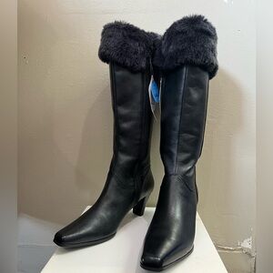 Sudini Black Leather Knee-High Boots w/ Faux Fur Collar nwt